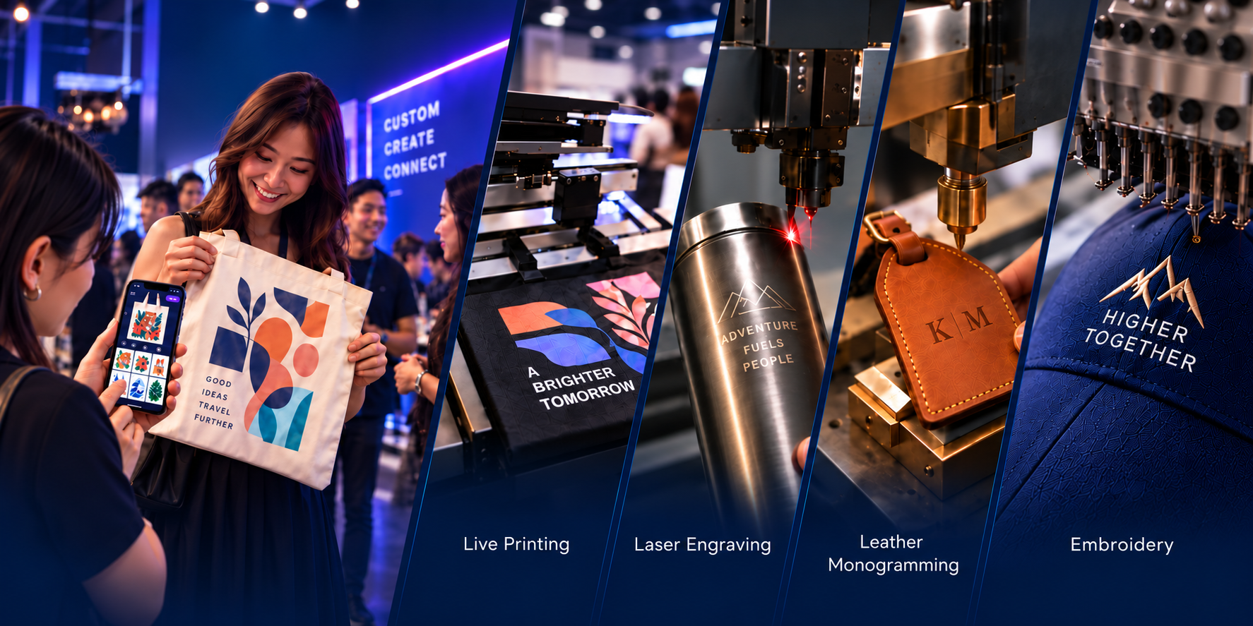 Guests personalising tote bags, drinkware, leather tags and caps live at an event with laser engraving, embroidery and print stations